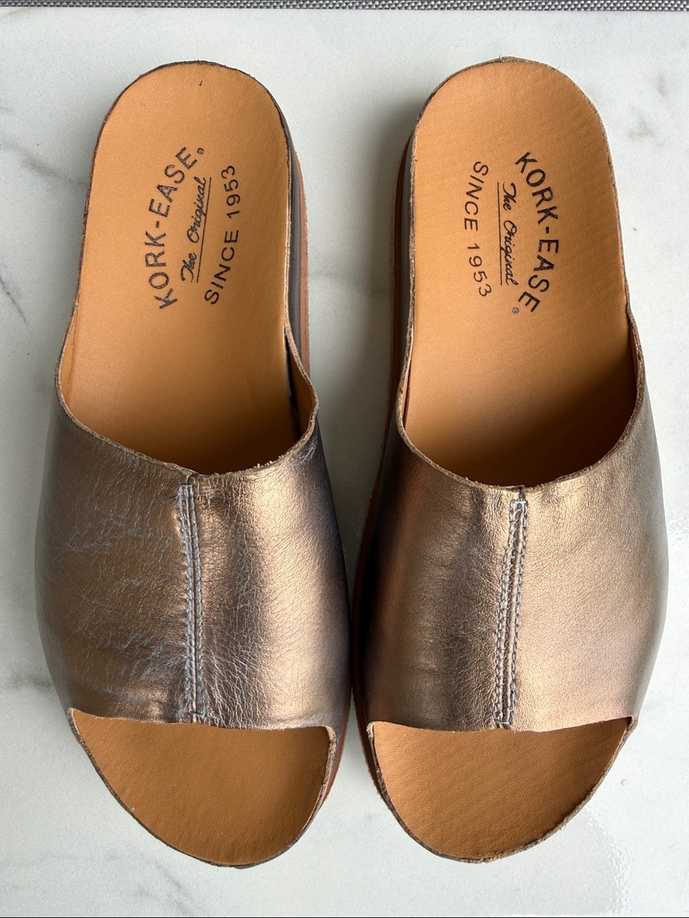 Kork-Ease Metallic Bronze Open-Toe Slide Mules
